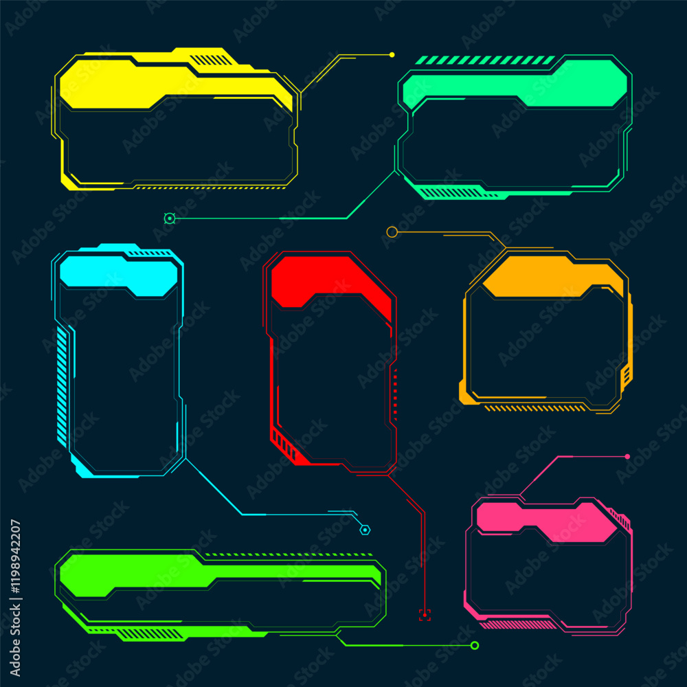 Poster futuristic hud or ui elements. sci-fi user interface text boxes, callouts. colorful warning message 