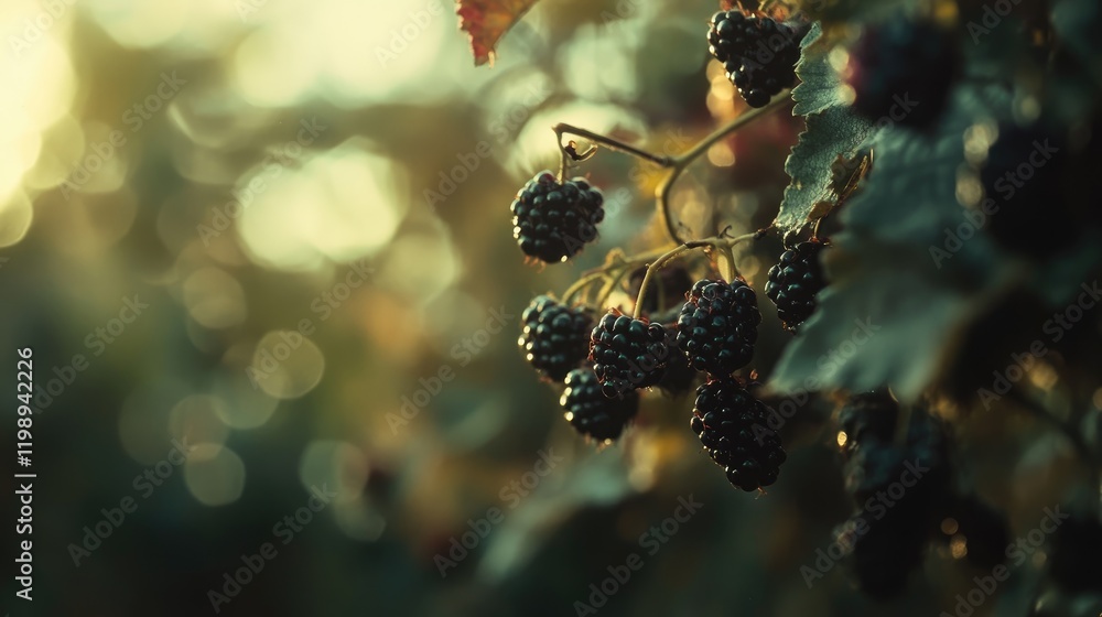Poster blackberry fruit hanging on a vine with dew on leaves in a soft focus background and copy space for 