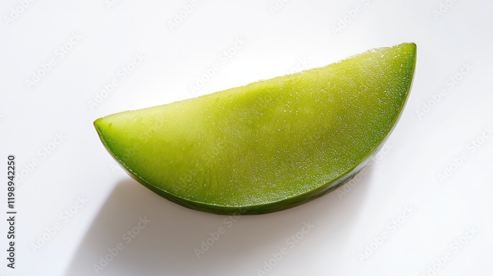 Poster sliced green apple segment on a white background with bright lighting and copy space for text placem