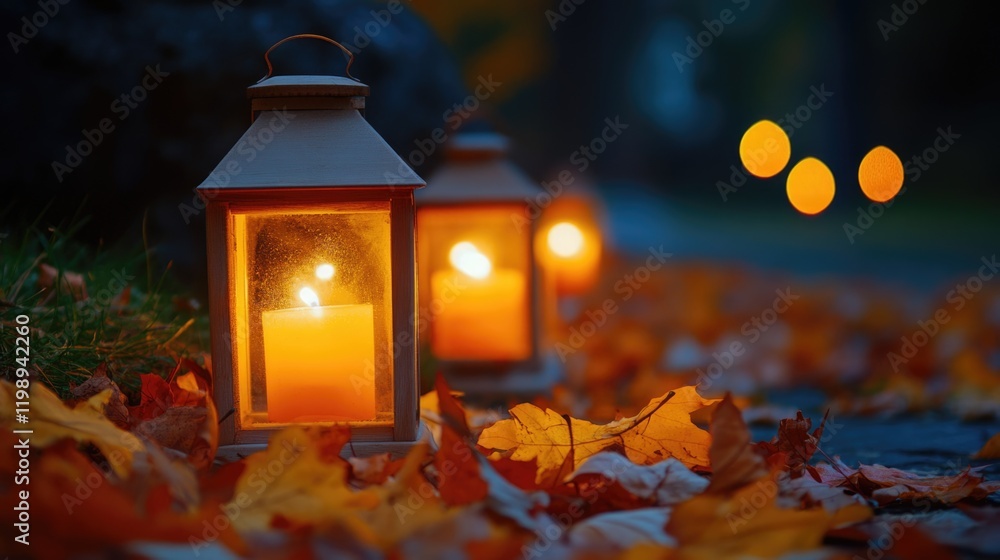 Poster autumn lanterns with candles on fallen leaves at twilight with blurred bokeh background and copy spa