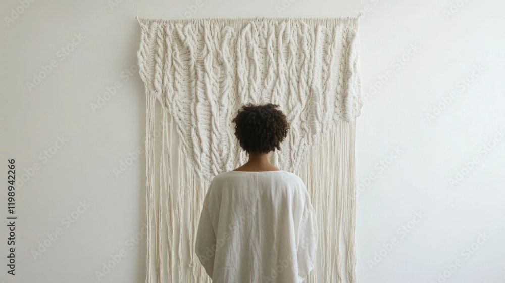 Poster person standing in front of textured wall hanging with macrame design and neutral background copy sp