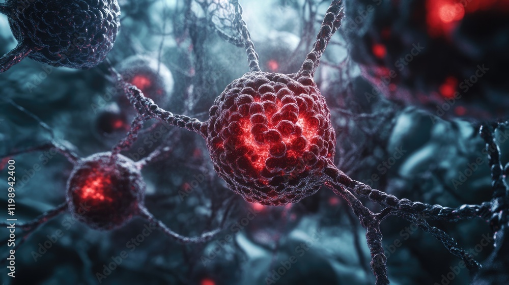 Poster 3d representation of interconnected biological cells with glowing red features and intricate texture