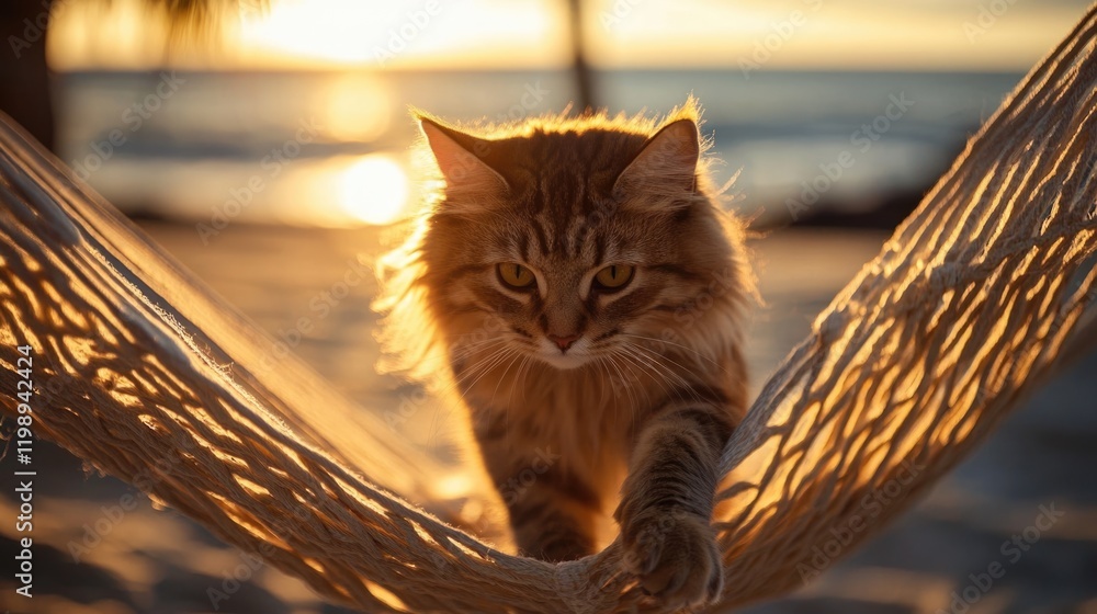 Aufkleber siberian cat lounging in a hammock during sunset on the beach with warm sunlight and soft bokeh back