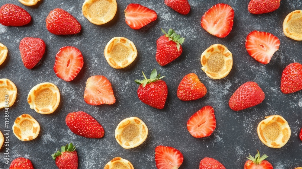 Poster colorful assortment of fresh strawberries and empty tart shells arranged on a dark background with c