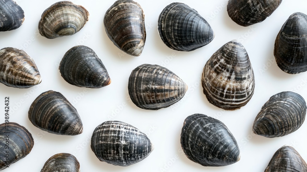 Poster variety of sea shells displayed on a white background natural textures and patterns copy space