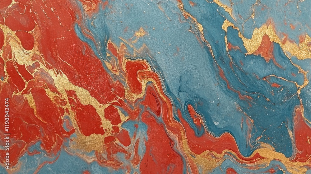 Poster abstract marbled texture background in blue, red and gold tones with smooth flow effects and copy sp