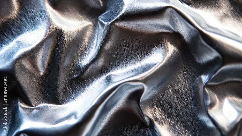 Poster metallic silver crumpled fabric texture background with smooth and shiny surface copy space