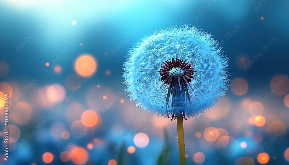 Poster Blue dandelion at twilight with bokeh background