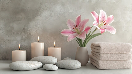Spa salon background with delicate pink lilies, burning candles with soft light and smooth stones on the background of textured wall. Wellness, aromatherapy, meditation concept in spa salon.
