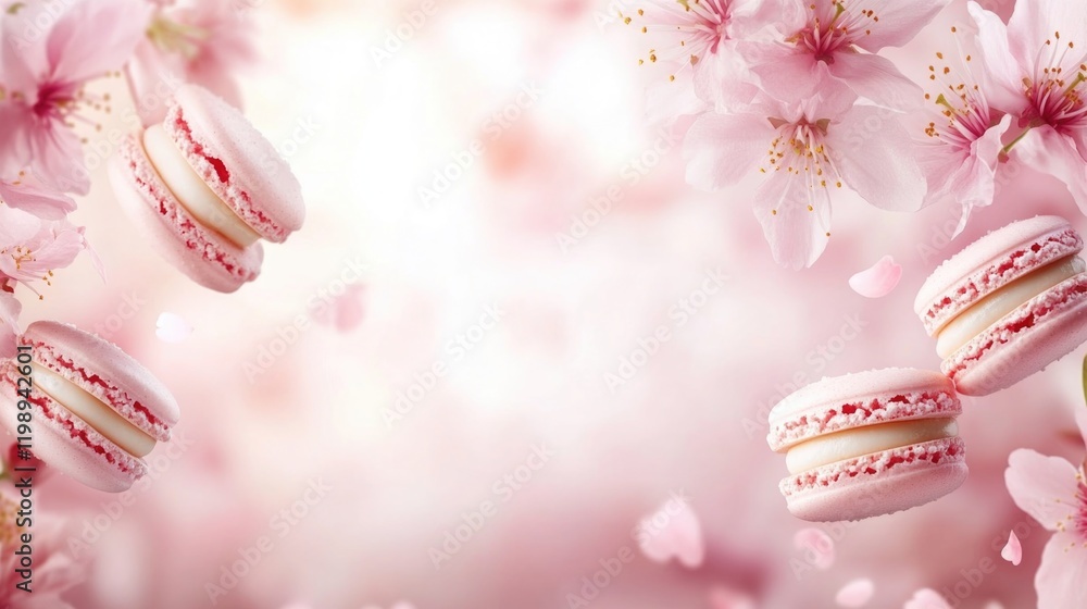 Poster pink macarons with cherry blossom petals on a soft pink background with ample copy space for text pl
