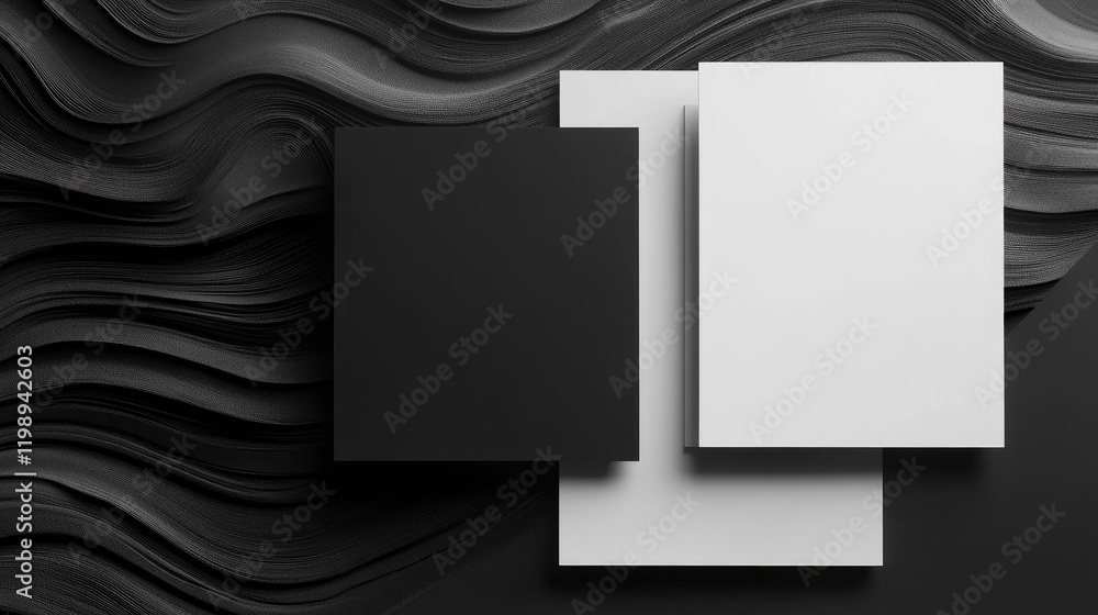 Poster abstract composition of three overlapping sheets of paper in black and white on a textured wave patt