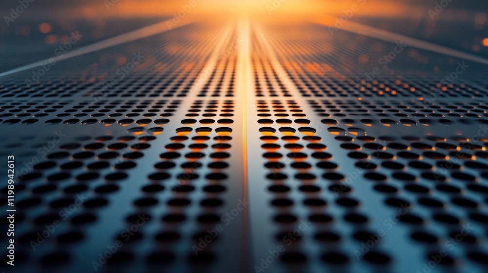 Poster abstract close-up of a metallic surface with circular perforations illuminated by warm sunlight crea