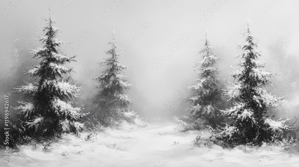 Poster winter landscape with snow-covered evergreen trees in foggy setting monochrome image with copy space