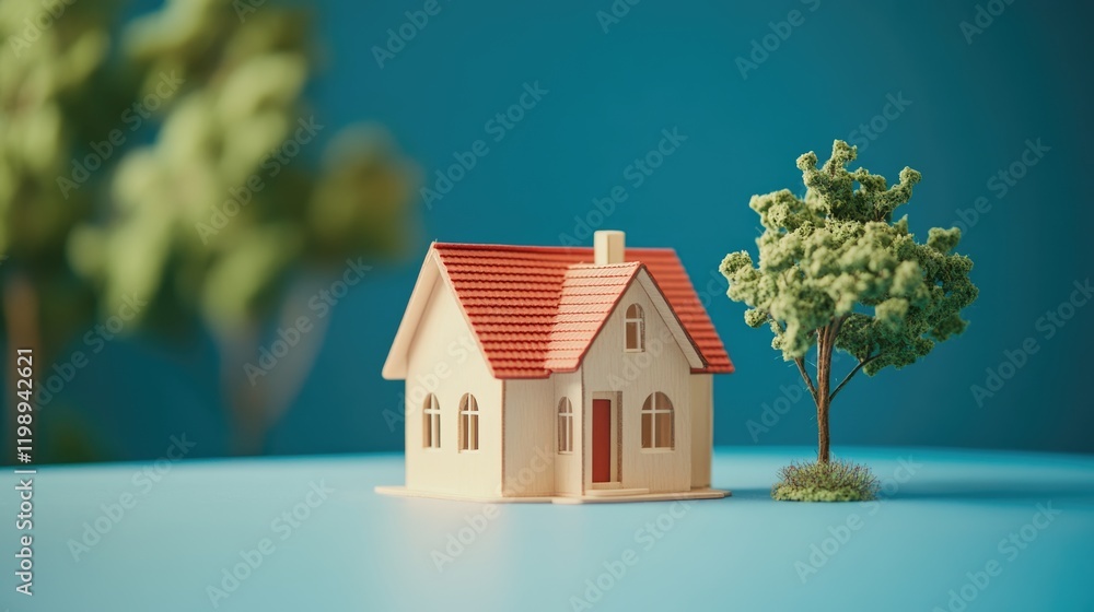 Poster miniature model of a house with red roof beside a tree on a blue background with copy space for text