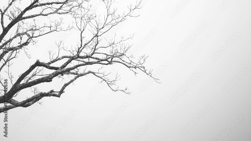 Aufkleber bare branches of a winter tree against a foggy white background with copy space for text inclusion