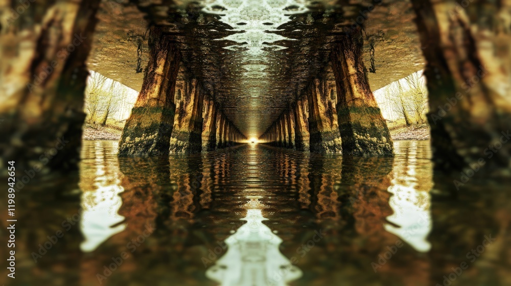 Poster Mirrored View Under Old Bridge with Reflection in Calm Water and Surrounding Nature Copy Space