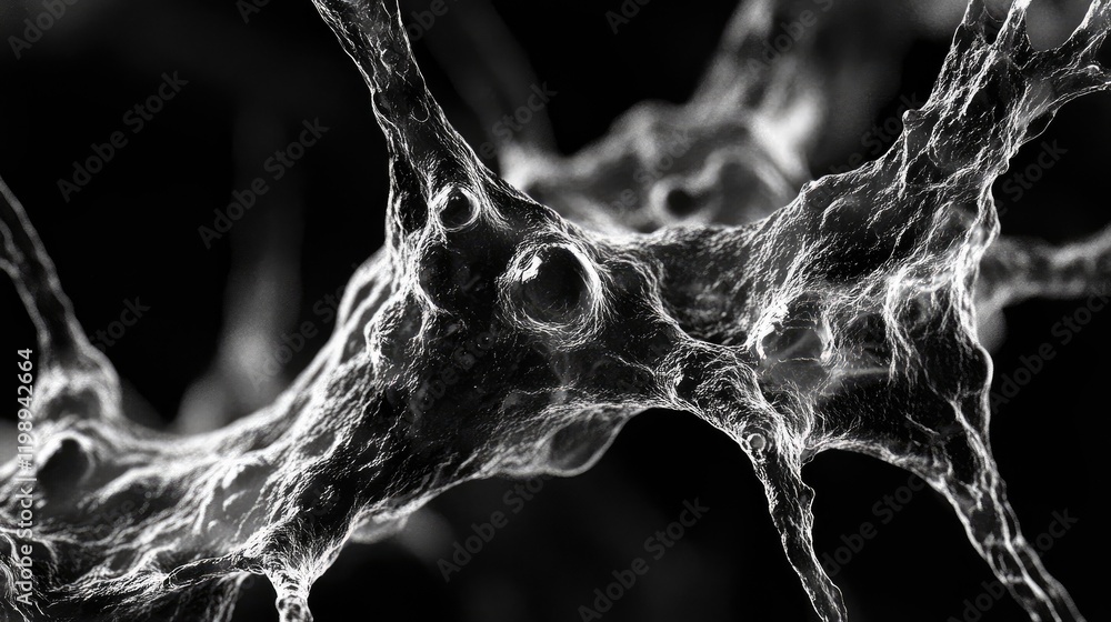 Poster abstract close-up of neuron-like structures in black and white with intricate details and textures c