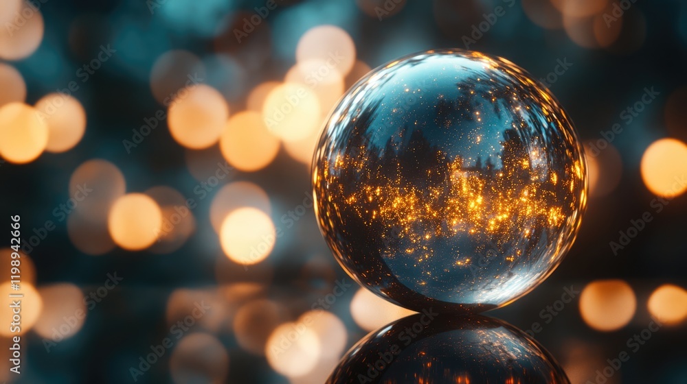 Poster glass sphere with reflections and luminous bokeh lights in background showcasing fine details and te