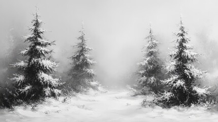 Winter landscape with snow-covered evergreen trees in foggy setting monochrome image with copy space for text