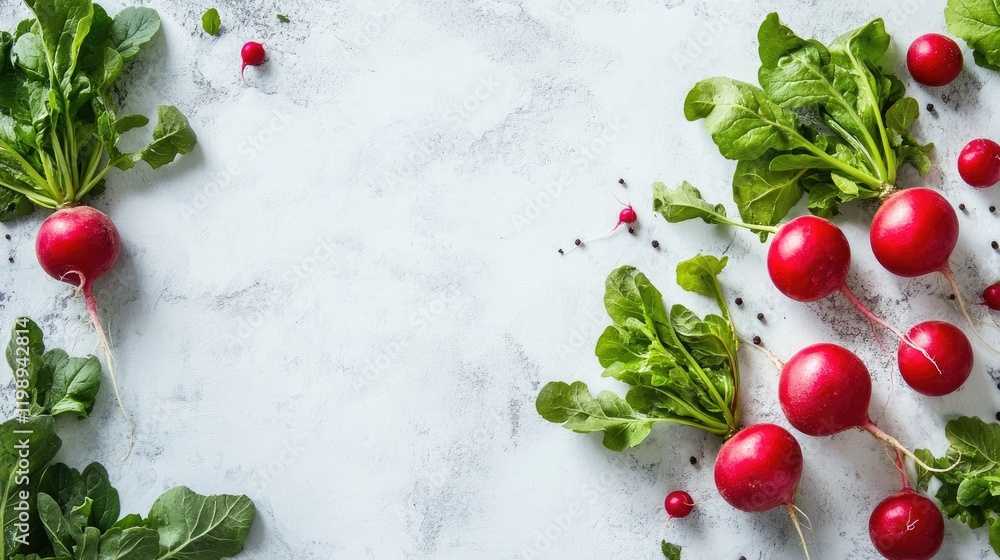 Poster fresh red radishes with green leaves arranged on a light marble background with copy space for text 