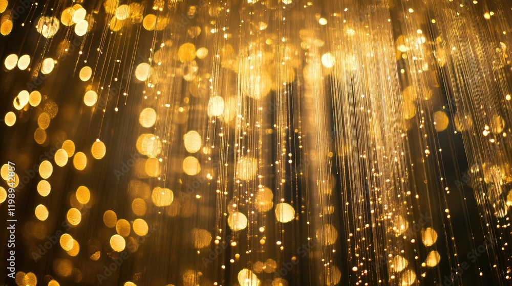 Poster golden bokeh background with shimmering lights and vertical lines creating an abstract festive atmos