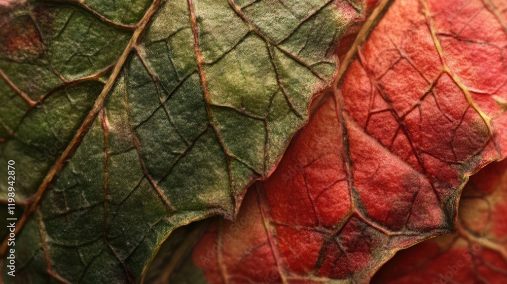 Poster close-up of textured autumn leaves in shades of green, yellow, and red with intricate vein patterns 