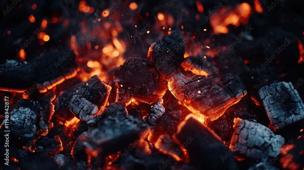 Poster close-up of glowing charcoal embers with sparks on a dark background providing copy space for text p