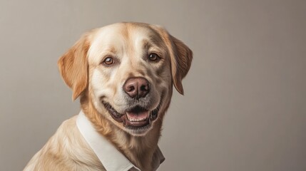 Obraz premium Smiling Labrador Retriever wearing a white shirt on a neutral background with Copy Space for text placement