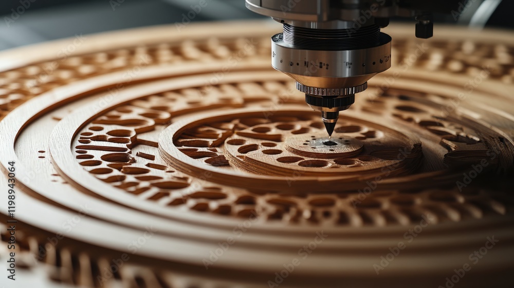 Poster woodworking cnc machine carving intricate designs on a circular wooden panel with detailed patterns 