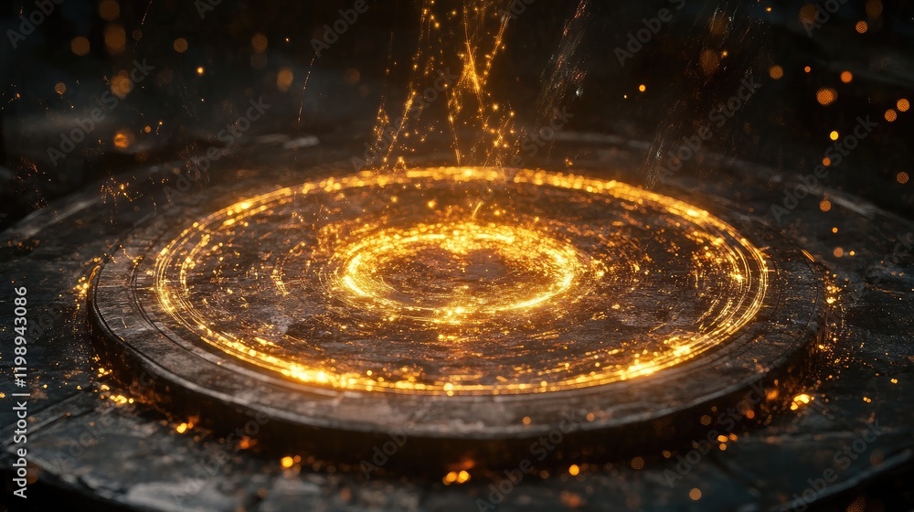 Poster glowing circular magical portal with golden sparks on a dark background showcasing dynamic energy an
