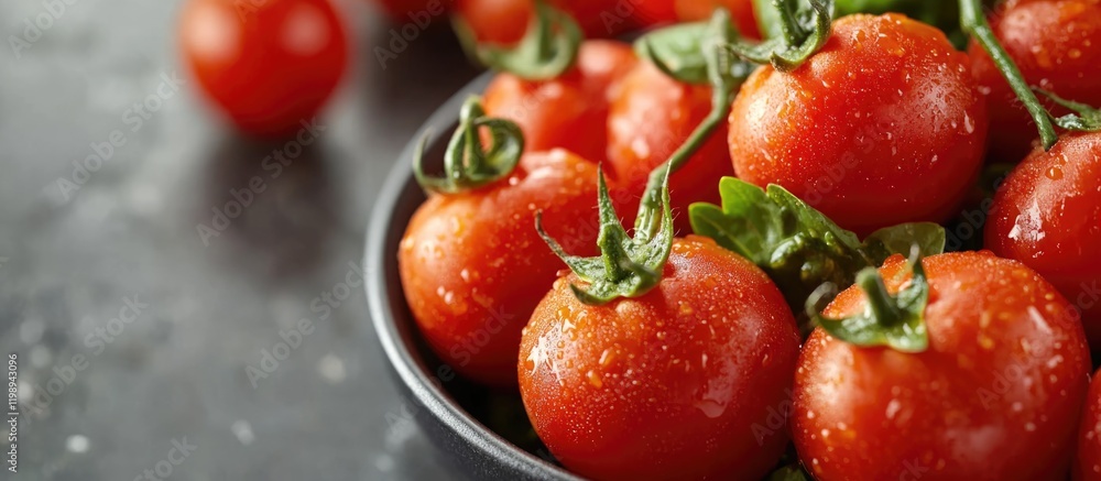 Aufkleber fresh ripe tomatoes with green leaves in a dark bowl on a textured surface with copy space for text 