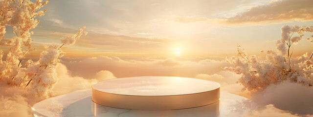 natural beauty podium with a dreamy sky backdrop, perfect for product display, luxury branding, and romantic presentations in a soft and elegant 3d scene.