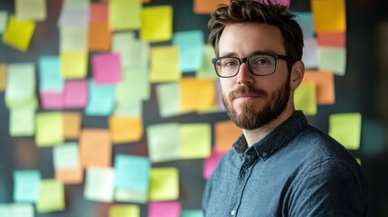 Fototapeta premium Portrait of a man in glasses standing in front of a wall covered with colored post-it notes. A slide background for showcasing the brainstorming process. Created with Generative AI technology.