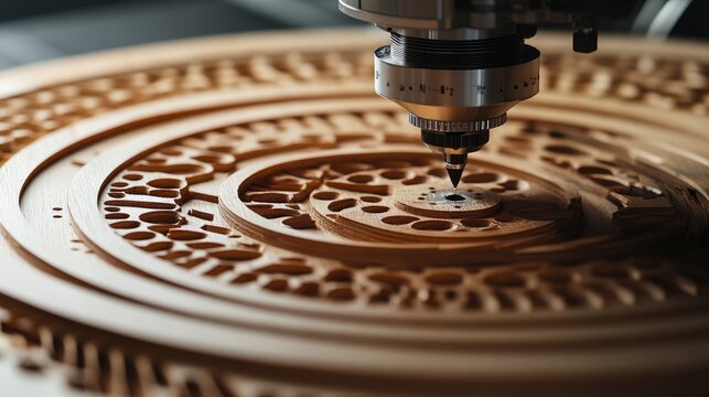 Woodworking CNC machine carving intricate designs on a circular wooden panel with detailed patterns and copy space for text.