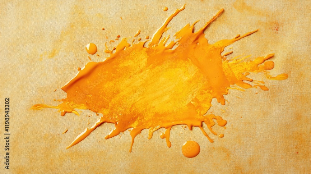 Poster bright orange paint splash on textured background with scattered droplets and ample copy space for t