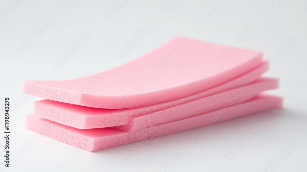 Poster pink foam sheets stacked with smooth edges on a light background copy space