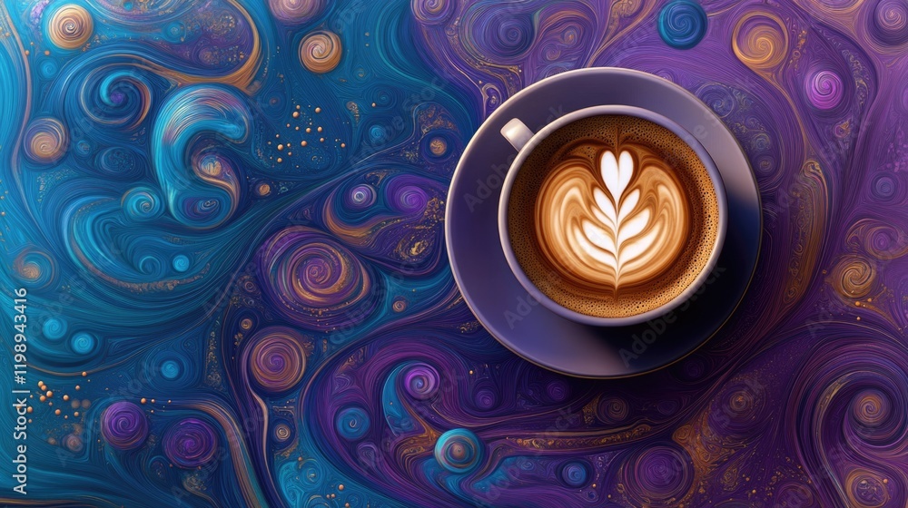 Poster coffee cup with latte art on colorful swirling abstract background with copy space for text.