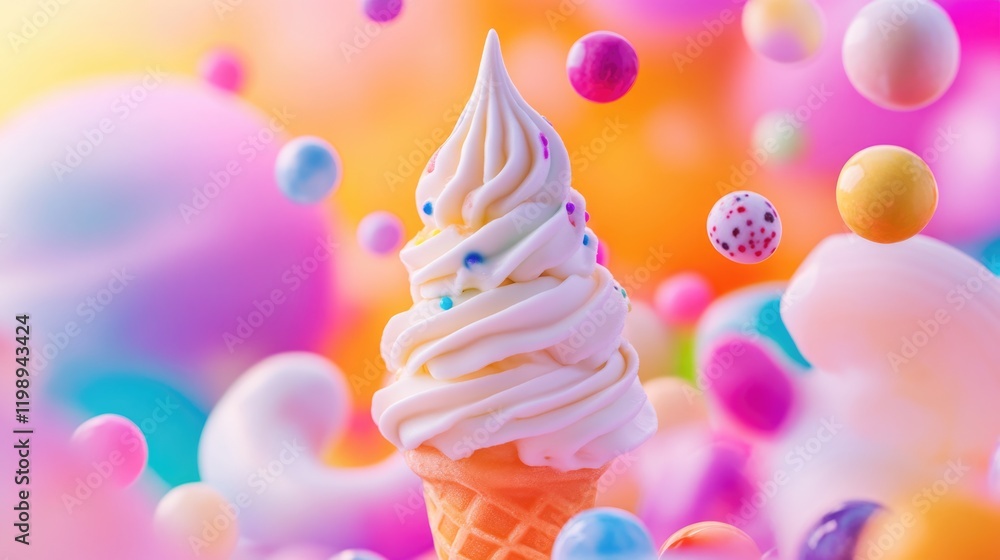 Poster colorful ice cream cone with swirl topping surrounded by vibrant pastel candies and abstract backgro
