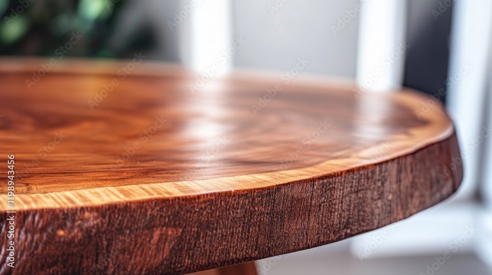 Poster close-up view of a polished wooden tabletop with natural grain pattern and wood texture featuring co