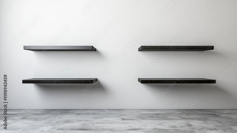 Poster empty modern wall with four floating black shelves and gray floor with copy space for text or design