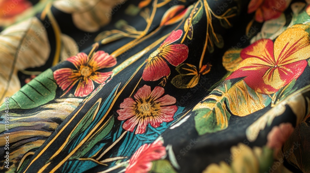 Poster colorful floral pattern on black fabric with intricate detailing and texture showcasing vibrant colo