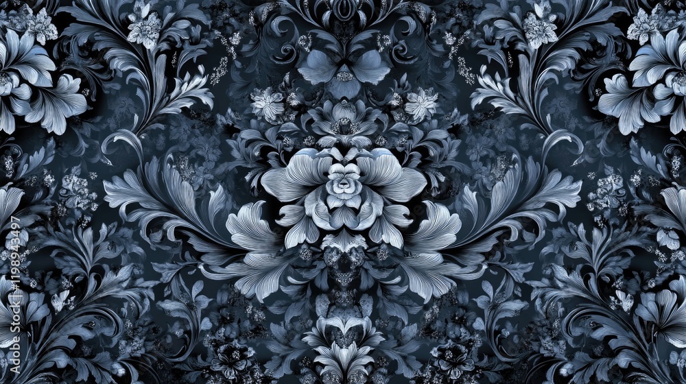 Poster floral ornate pattern in blue tones with intricate detailing and dark background featuring elaborate