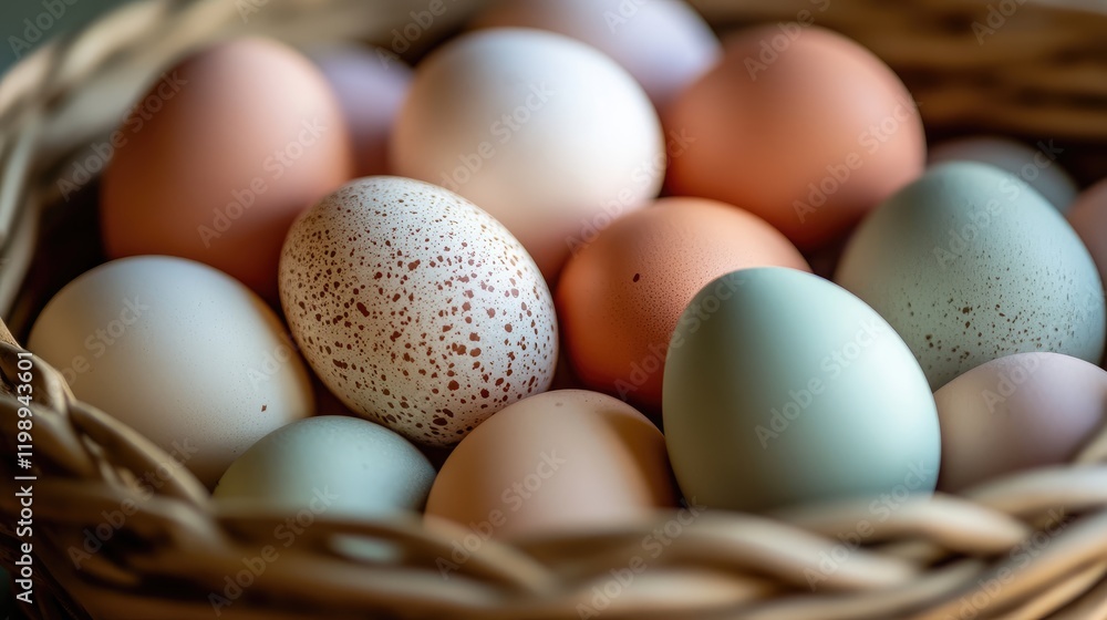 Poster colorful assortment of eggs in a wicker basket with natural textures and copy space for text placeme