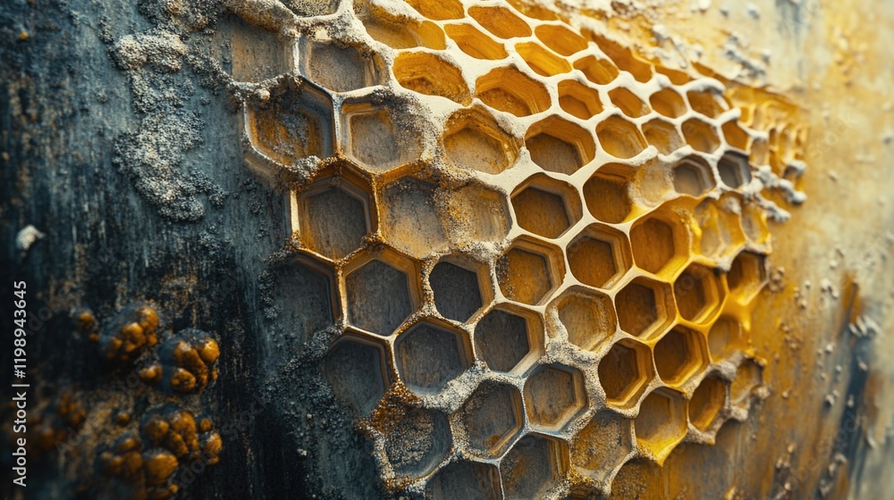 Poster textured close-up of honeycomb structure with golden tones and rough surface details showcasing natu