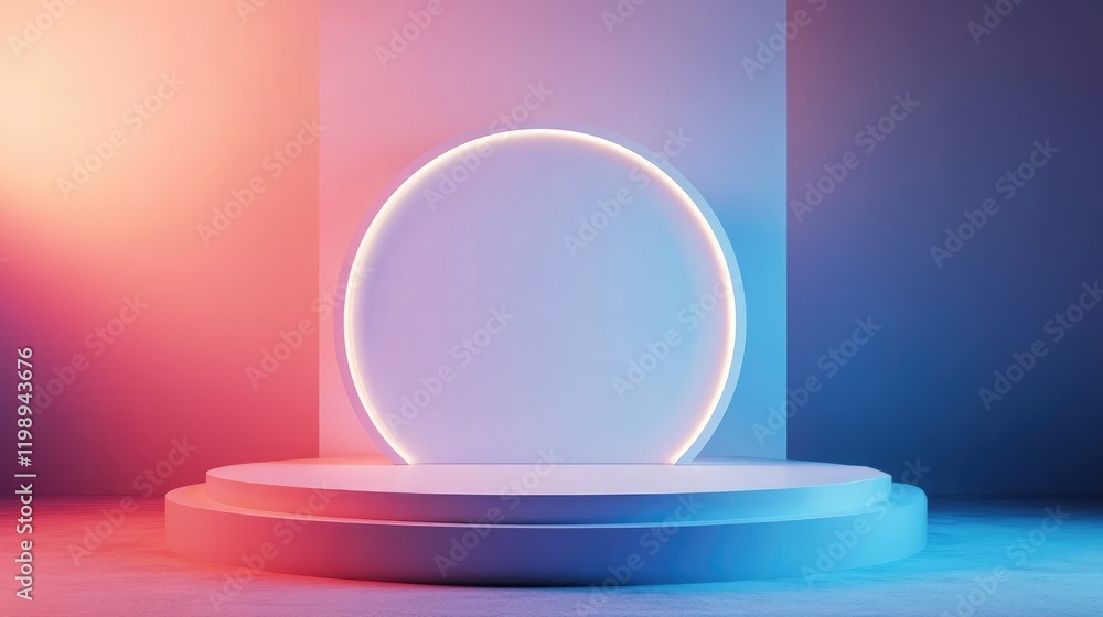Poster modern geometric display podium with neon circle light against colorful gradient background copy spa