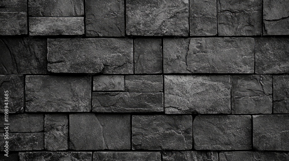 Poster dark textured stone wall background with rectangular blocks arranged in a stacked pattern copy space