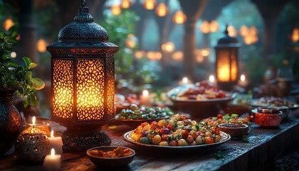 Naklejka premium The Muslim feast of the holy month of Ramadan Kareem. Beautiful background with a shining lantern