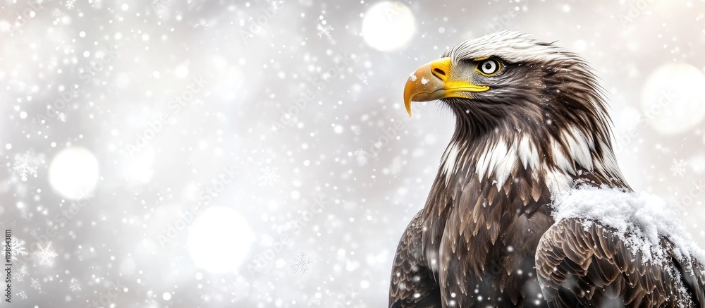 Poster Eagle in snowy landscape with falling snowflakes soft bokeh background and copy space for text
