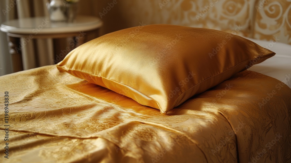 Poster Elegant golden satin pillow and bedding set with intricate patterns on soft fabric in well-lit bedroom setting Copy Space