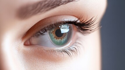 Obraz premium Close-up of human eye showing detailed iris texture and eyelashes against a neutral background with Copy Space.